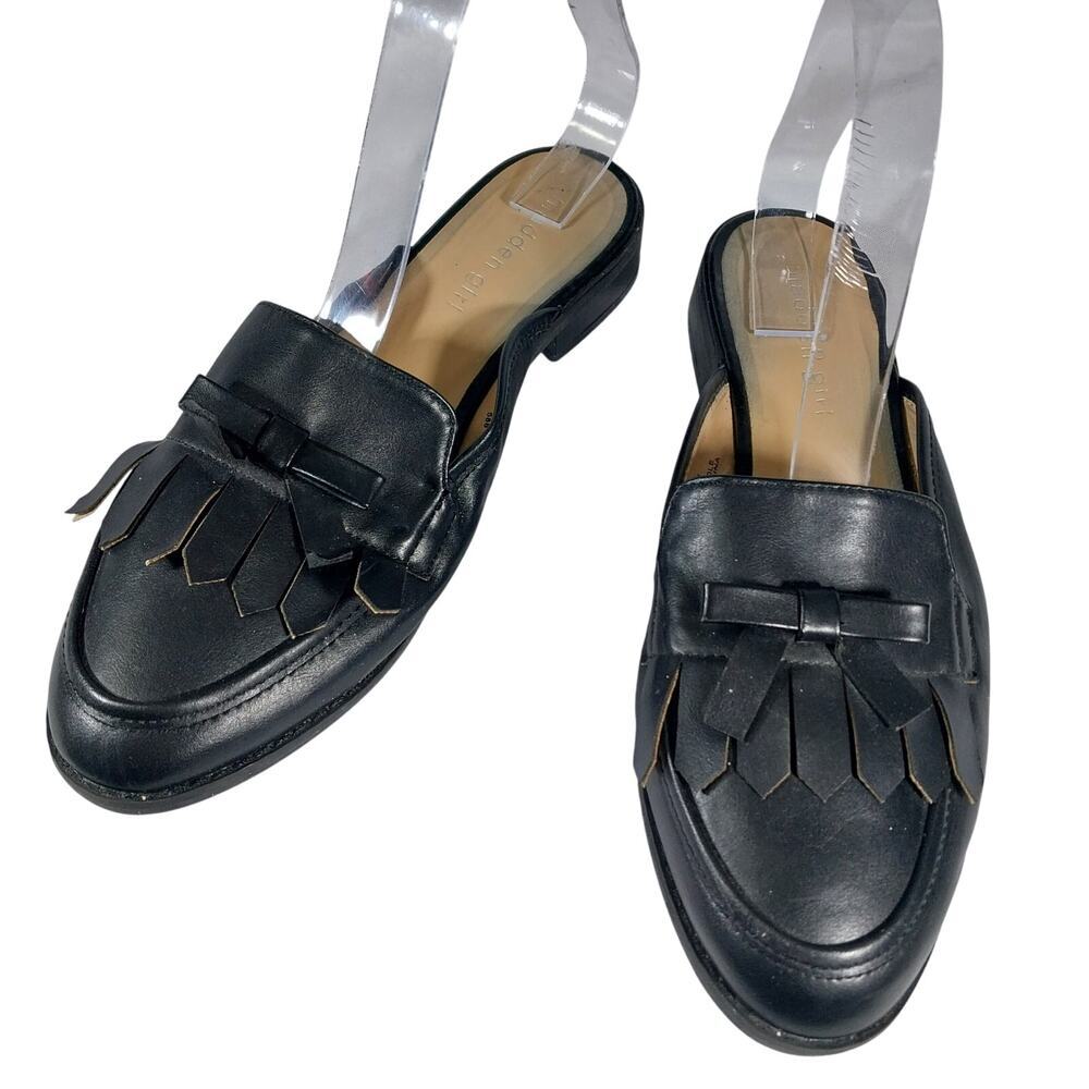 MADDEN GIRL! BLACK VEGAN LEATHER KILTIE DETAIL FRONT LOW HEEL MULES! SZ 7.5M